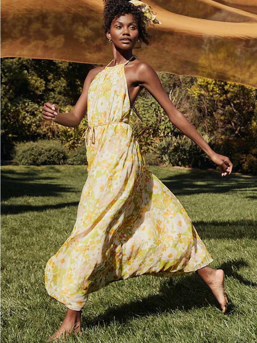 Lulu’s  Feeling Splendid Green Multi Floral Print Halter Maxi Dress Small